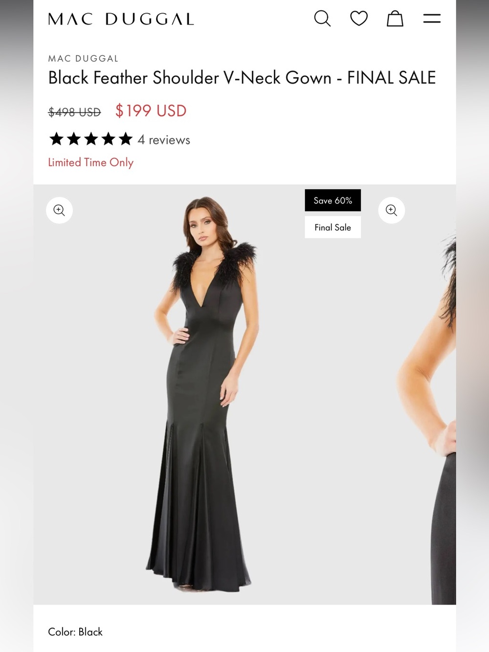 Mac Duggal Black Feather-Trim V-Neck Maxi Gown